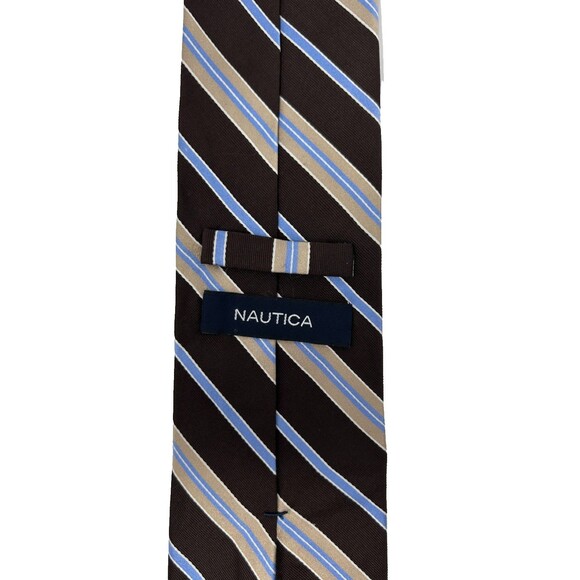 Nautica 100% Silk Brown Tan Blue Striped Classic Necktie 57.25” x 3.5” - Picture 7 of 9
